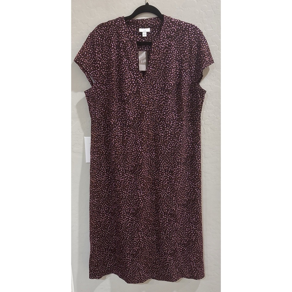 J. Jill Shift Dress XL Purple Pink Abstract Dot Split V-Neck Cap Sleeve NWT